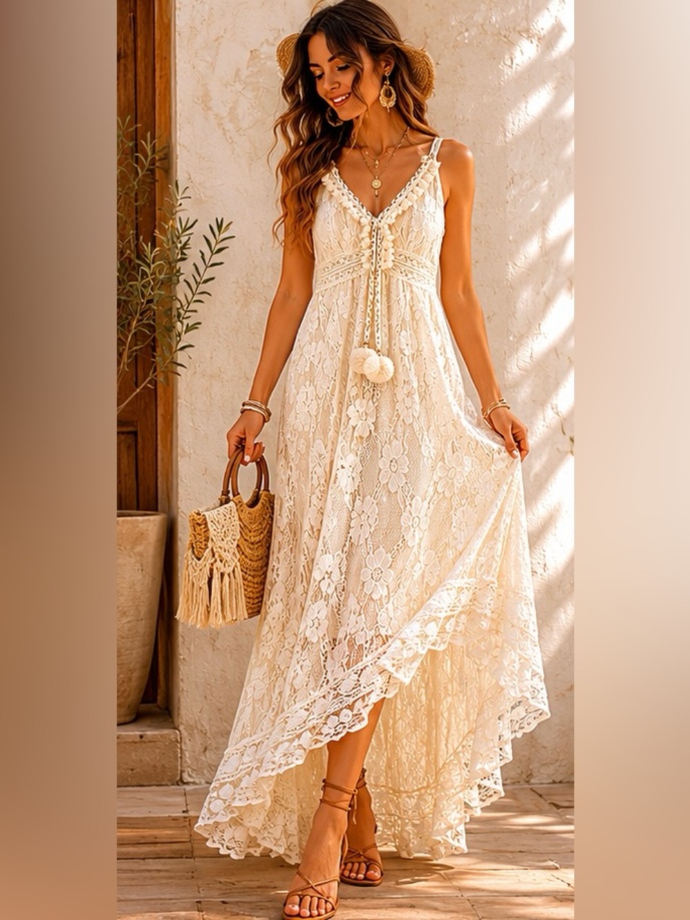 Ivory Lace Boho Maxi Dress Cottagecore Fairycore Prairie Romantic M